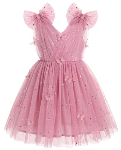 IMEKIS Abito di compleanno da ragazza, con motivo a farfalla, senza maniche, con scollo a V, in tulle, rosa antico, 9-10 Anni
