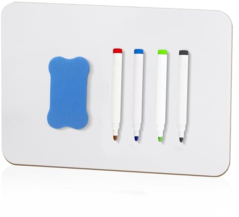 Packung mit 1 kleinen Whiteboard A4, doppelseitig, 4 Stifte und Radiergummi | Tragbares doppelseitiges Mini Whiteboard A4 (21x30 cm), ideal für Zuhause und Büro.