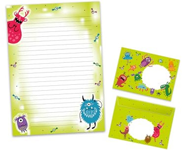 Briefpapier-Set Briefblock mit Umschlag für Jungen Mädchen Kinder bunte lustige Monster (Block A4 mit 25 Blätter + 15 Umschläge)