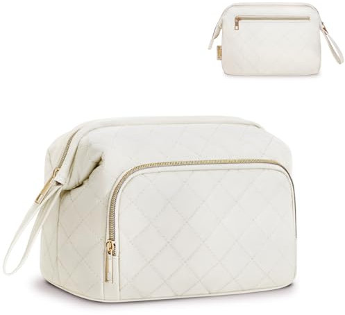 Große Kosmetiktasche Damen Make Up Tasche, Schminktasche mit Weiter Öffnung für Make-up und Reisen, Gesteppte Kulturtasche für Toilettenartikel, Beige (Patent Angemeldet)