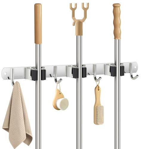 Sampoes Wall Mounted Broom Holder, Stainless Steel Broom Holder, Wall Mounted Broom Holder with 3 Places and 4 Hooks, Wall Mounted Broom Hanger for Kitchen, Bathroom, Garage, Grey