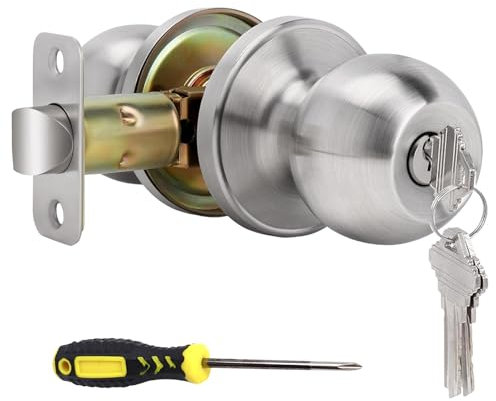 huifllyhui Door Knob with Lock and Key, Exterior/Interior Door knob for Bedroom or Bathroom,Satin Nickel Door Handle Lock (1, Silvery)