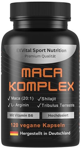 EXVital® Maca Komplex hochdosiert - Maca 20:1 Extrakt mit Tribulus terrestris, Shilajit, L-Arginin & Vitamin B6, 120 vegane Kapseln, laborgeprüft