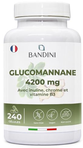 Bandini® Glucomannane Konjac Extra Fort - 240 Gélules 4200mg par jour - Glucomannan enrichi en Chrome, Inuline et Vitamine B3 - Fibre végétale de la racine de konjac - Supplément puissant et efficace