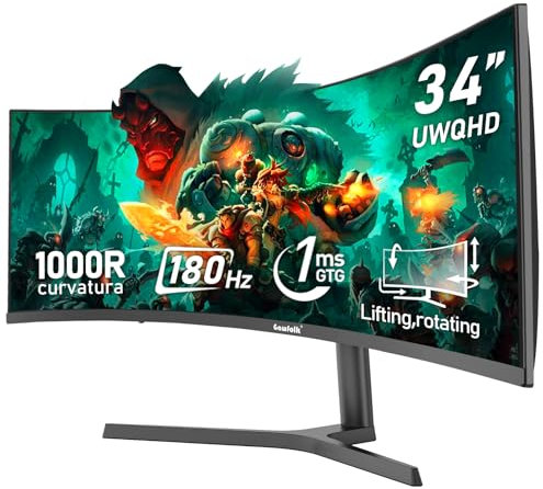 Gawfolk 34 Inch Ultrawide Curved 180Hz Gaming Computer Monitors 1000R PC screen 21:9 UWQHD (3440x1440) ,1ms,100%sRGB,Adaptive Sync,HDMI、Display Port,Liftable,Compatible with wall mounted 75*75mm-Black