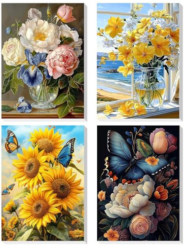 DOMROM Fleurs Peinture Numero Adulte, Lot de 4 Kits Peinture par Numéros avec Cadre, DIY Peinture Acrylique Coloriage Par Numero Paint by Numbers pour la Décoration de la Maison 20x30cm