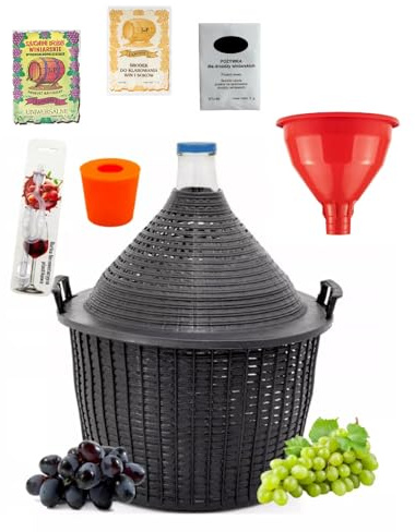 MIKONI Weinballon 5L mit Kunststoffkorb + Trichter + HEFE + 1xROT-Gummistopfen + 1xGärröhrchen, Glasballon, Gärballon Bügelflaschen Flasche Glasflasche Gärbehälter Glasgärballon Gäreimer Set (5 L)
