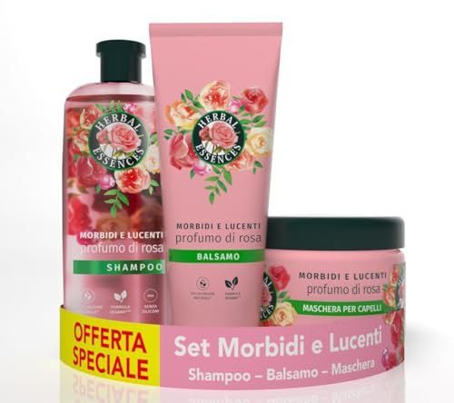 Herbal Essences Morbidi e Lucenti con Essenza di Rosa Set Per Capelli Secchi: 1x Shampoo 250ml + 1x Balsamo 200ml+1x Maschera 300ml