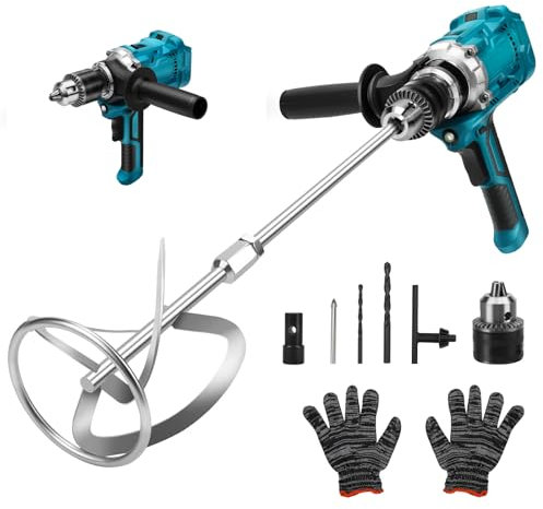 Miscelatore per malta a batteria, compatibile con batteria Makita, martello perforatore senza spazzole 2 in 1 e miscelatore per malta a colori, con frusta diametro 10 – 15 cm (cambio a 2 marce, max