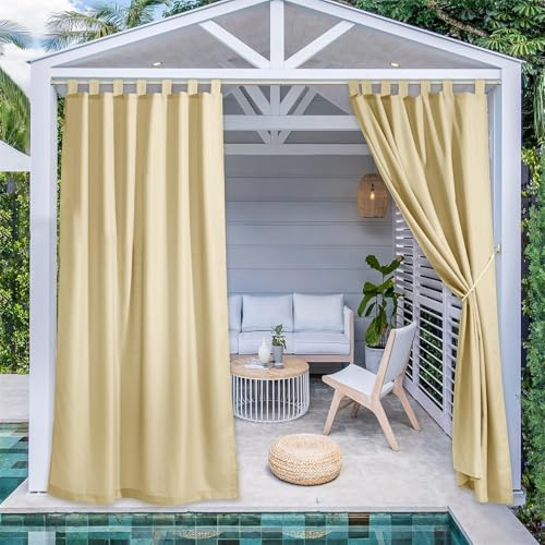 LINGKY Outdoor Vorhang Wetterfest Schlaufenschal 2er Set Outdoor Gardinen Wasserdicht Sonnenschutz Pavillon & Terrasse Vorhänge mit Klettverschluss, H 213 x B 132 cm, Beige