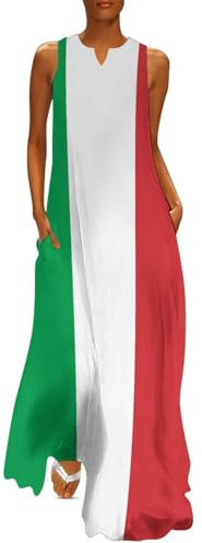 MLSOWM Sommerkleid Damen Italienische Flagge Ärmellos Strandkleid Flagge von Italien V-Ausschnitt Lose Maxikleid Lang Tankkleid mit Taschen