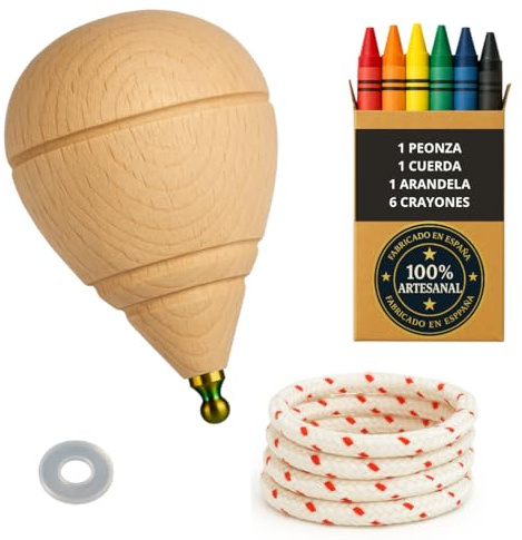 Trottola in legno per bambini, confezione da 1 trottola + 6 pastelli + 1 rondella