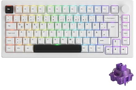Akko 5075B Plus Gasket Mechanische Tastatur, 3-Modus, ISO-DE/UK/Nordisches Layout, 75% RGB-Gaming-Tastatur, Hot-Swap-fähig, PBT-Tastenkappen, VIA-programmierbar (Schwarz auf Weiß, V3 Lila)