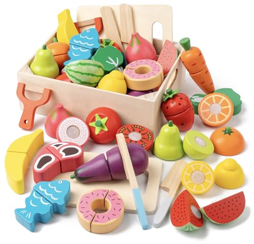34Pcs Wooden Play Food for Toddlers - Toy Food with Velcro Fruit & Veggies