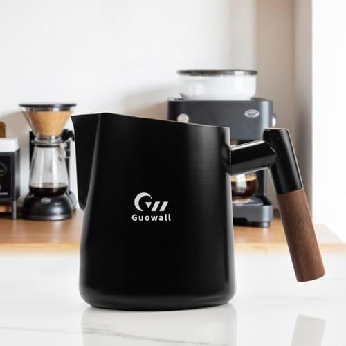 Guowall Milk Frothing Pitcher 420ml 14oz, Stainless Steel Jug Wood Handle | Matte Black Finished Stainless Steel Milk Jug with Wooden Handle