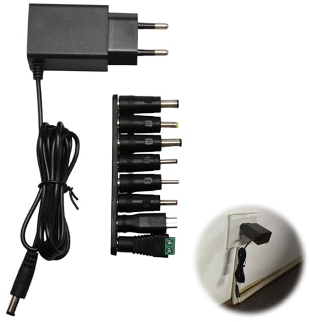 Adattatore di Alimentazione 6V 1A, 1.5m Alimentatore, con 8 Connettori Intercambiabili, Caricatore AC 220V 230V a DC 6V 1000mA, Alimentatore Compatto per Dispositivi Elettronici a Bassa Tensione