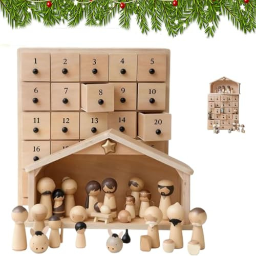 Der Retter – Krippen-Adventskalender, Adventskalender aus Holz mit 25 Schubladen, handbemalten Harzfiguren, Weihnachts-Countdown mit Holzstall – religiöses Erbstück-Geschenk (1pcs)