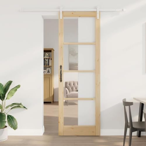 QJBSAVVA Moderne Holz-Glas Schiebetür ORKDAL 78 x 232 cm Massives Kiefernholz in Natur Weiß matt mit Sanftem Gleitsystem Langlebig & Platzsparend für Wohnzimmer Schlafzimmer Küche Büro Flur