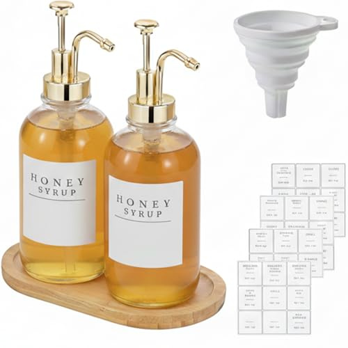 Lot de 2 distributeurs de sirop de café en Verre avec Pompe,500 ML,Bouteille Huile,Accessoires élégants pour Bar à café avec étiquette, Bouteille de sirop réutilisable pour la Cuisine