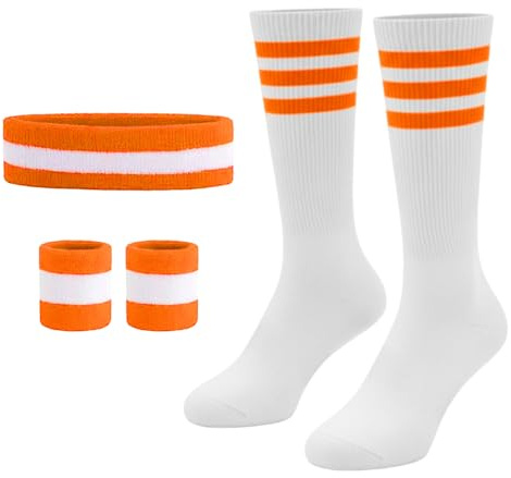 Lufdegim Schweissband und Socken Set, 80er 90er Jahre Schweißband Gestreiftes Stirnband, Armband, Gestreifte Hohe Socken für Damen Herren Sport Laufen Radfahren Karneval Kostüme Party