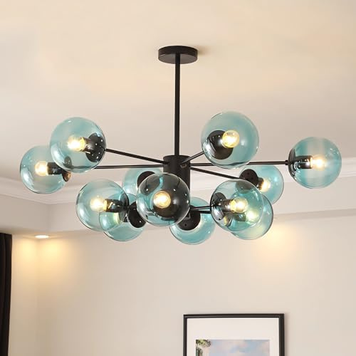 IDHBGJD Lustre d'éclairage Lustre Moderne du Milieu du siècle Lustre Noir pour Salle à Manger Cuisine Salon Luminaires Suspendus en Verre à Bulles Bleu 12 lumières