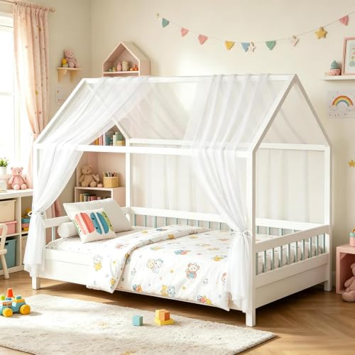 BOYIFEIJIE Hausbett Himmel Set 2-TLG - Betthimmel 150x350cm für Kinderbett Deko - Aus Atmungsaktivem Musselin mit Befestigungsbändern - Für Mädchen & Jungen (Weiß)