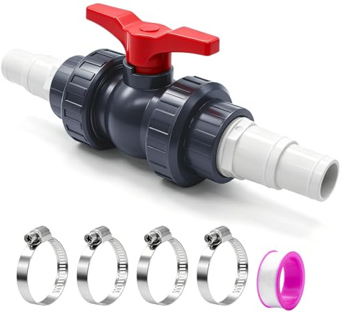 Lurtgex® 50mm Kugelhahn PVC Absperrhahn Pool Ventil | Pool Absperrventil mit Schlauchverbinder 32-38mm, Poolschlauch Verbinder Pool Adapter 1 1/2 Kugelventil und Schlauchschellen
