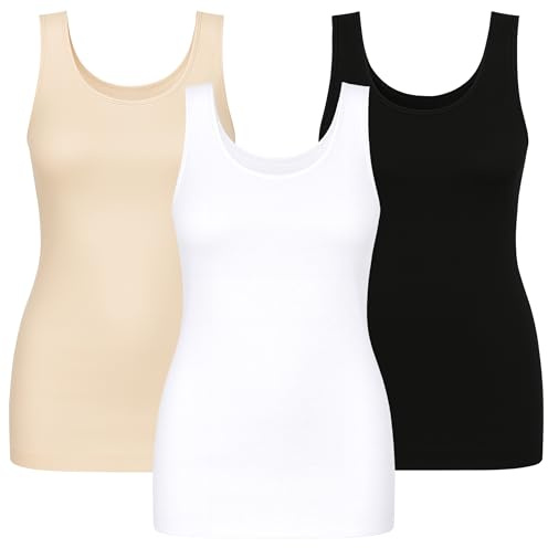 UnsichtBra 3er Pack Shape Damen Unterhemden Longshirt | Basic Wohlfühl Mikrofaser Damen Top ohne Bügel | Bauchweg Tops Unterhemd Frauen Weiss Schwarz Beige
