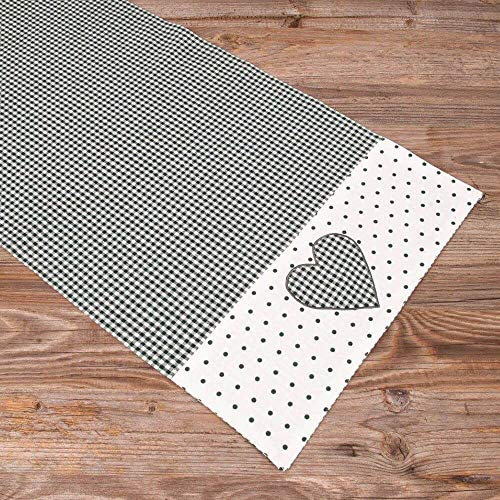 Tischläufer LISE grün kariert, Bordüre Punkte & Herz - Großes Tischtuch Landhausstil 40 x 100 cm Tischdeko quadratisch - Waschbares Tischband aus 100 % Baumwolle, moderne Esstischdeko, Hochzeitsdeko