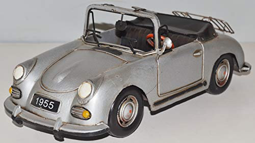 JS Garten Deko Blechauto Nostalgie Modellauto Oldtimer Marke Porsche 356 Speedster Cabrio Sportwagen Silber Version aus Blech L 31 cm