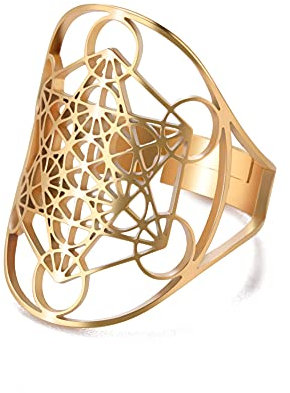 TEAMER Größenverstellbarer Erzengel Metatron Edelstahl-Ring, verstellbare Blume des Lebens, Schmuck für Frauen und Mädchen (Gold-Style F)