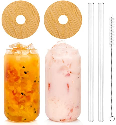 ANOTION Lot de 2 verres à bière réutilisables avec couvercles et paille, couvercle en bambou, 591 ml, gobelets pour voyage, bureau, maison, thé, café, margaritas, boissons gazeuses, jus de fruits