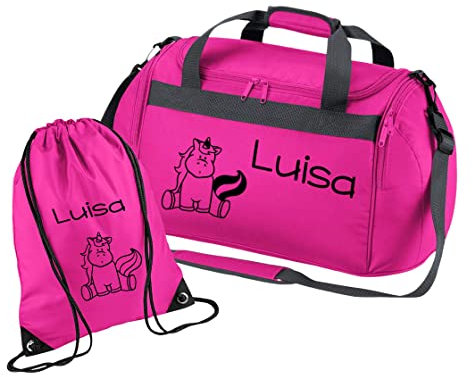 minimutz Sporttasche mit Namen für Mädchen | Motiv Einhorn für Kinder | Personalisieren & Bedrucken | Reisetasche Umhängetasche Duffle Bag (pink 2-TLG. mit passendem Turnbeutel)