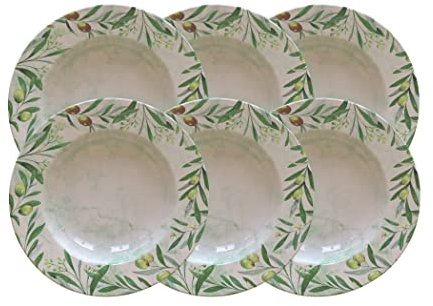 Tramontina - Assiettes creuses rondes décorées porcelaine 23 cm Oliva. Lot de 6.