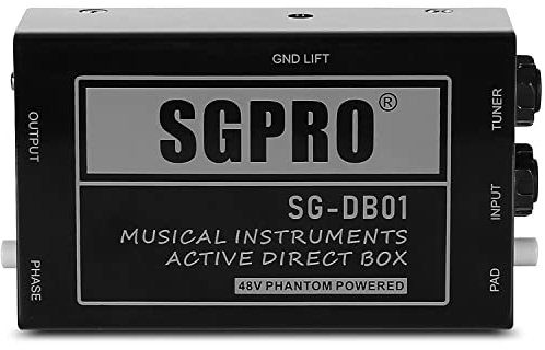 SGPRO Active Direct Box, Recording Signal DI Box for Musical Instruments as Guitar, Bass Guitar, and Keyboard Live Performance or Studio, 1/4 to XLR, Ground Lift 48V Phantom Powered Compact Unit