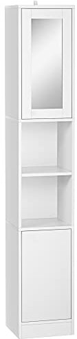 kleankin Colonna Bagno Salvaspazio con Specchio e Apertura a Pressione, Mobile da Bagno Multiuso in Legno, 30x28x170cm, Bianco