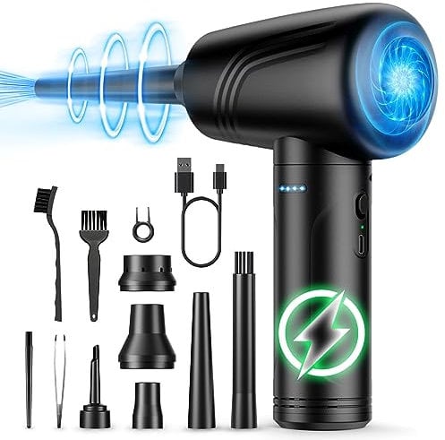 JoyGeek Elektrische Staubgebläse 3-Gang 120000 U/min Druckluftspray, 9000mAh Akku Tastatur Reinigungsset, Compressed Air Duster mit LED-Licht und Reinigungsbürste, für PC/Sofa/Auto/Tastatur/Kamera
