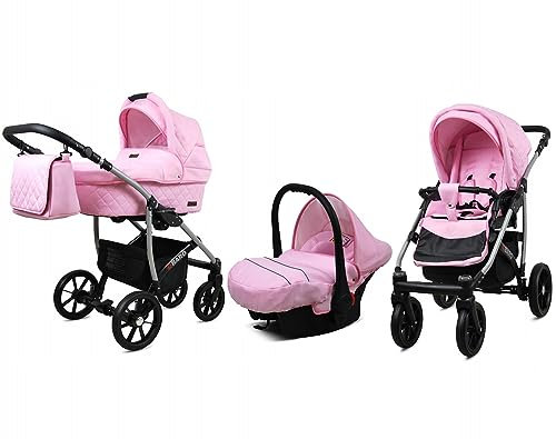 BabyLux® Bambimo Kinderwagen Set 3 in 1 - Qbaro - incl. Babywanne, Buggy Sportsitz, Auto-Babyschale - Autositz - Kinderwagenset - Kombikinderwagen mit Wickeltasche, Regenschutz usw.