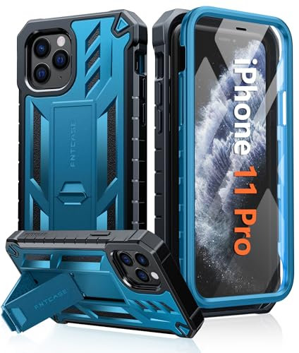 FNTCASE for iPhone 11 Pro Case: Military Grade Shockproof Dual Protective Cell Phone Cover with Kickstand - Rugged Full Protection Matte Textured Dropproof Heavy Duty Hard Cases - 5.8 Inch Blue