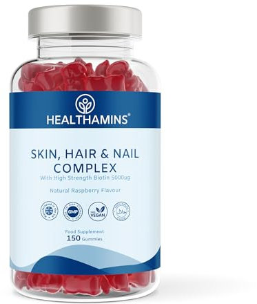 Healthamins Skin Hair & Nails Complex + High Strength Biotin 5000μg | 150 Natural Raspberry Flavour Gummies | 2.5 Months Supply | Beauty-Enhancing Nutrients | 2-a-Day | Vegan & Halal | Adults