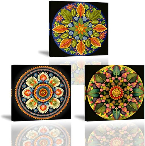 Piy Painting Vintage-Musterbild Blumen Bild Set von 3, 30x30CM Leinwandbild mit eingebautem Holzrahmen Kunstdrücke auf Leinwand für Yoga-Raum Galerie Toilette Wohnzimmerbilder, Leicht Aufzuhängen