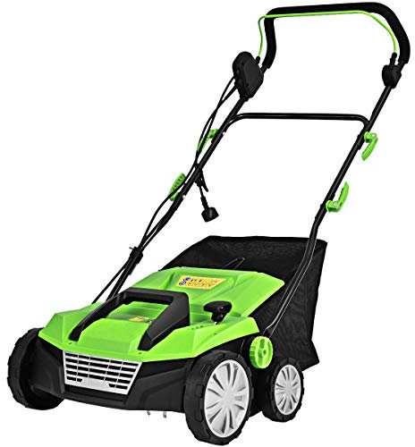 GOPLUS Escarificador Eléctrico 2 en 1, con Bolsa de Recogida de 30L/45L, Aireador de Césped con Altura Ajustable en 4 Niveles, 2 Cuchillas Extraíbles y Asa Plegable (45L,Verde)