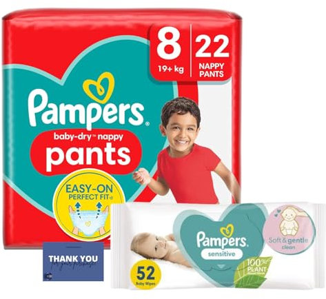 Bundle for Growing Toddlers Consists of Pampers Baby Dry Nappy Pants Size 8 x22 with Pampers Sensitive Baby Wipes x52