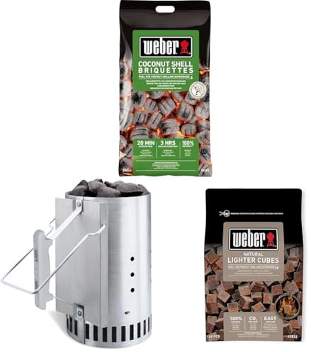 Weber Carbón de cáscaras de Coco, 8kg, 18450 + Weber 7416, Chimenea de Encendido Rapidfire, Carbón, Metal + Weber 17612, Bolsa de 48 Pastillas de Encendido Marrón