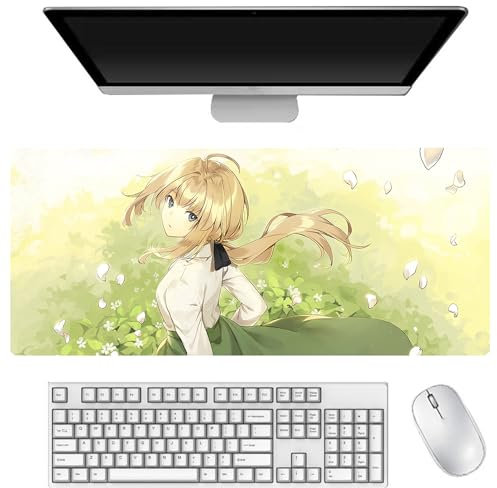 Violet Evergarden Tapis de souris de jeu Anime Motif impression 3D Bords cousus Caoutchouc naturel Sous-main de bureau étanche Accessoires PC pour gamer bureau maison 40 x 90 cm