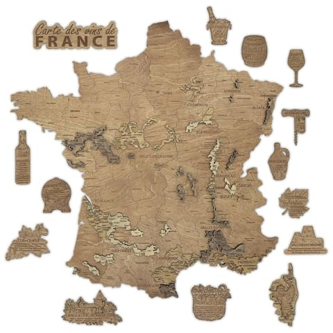 Creatifwood Carte des vins de France et des régions viticoles en bois décoration murale - effet 3D unique