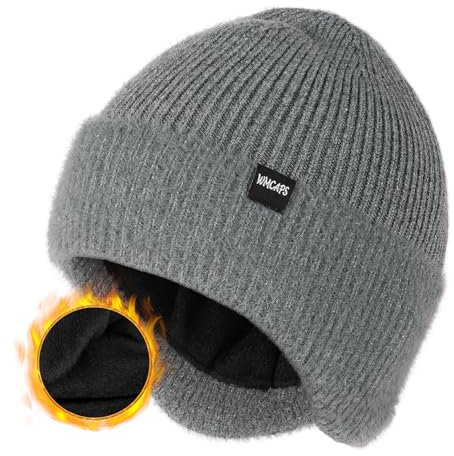 Wmcaps Bonnet d'hiver pour homme avec cache-oreilles, bonnet unisexe en tricot épais et chaud avec cache-oreilles, chapeau en laine doublé en polaire pour activités de plein air, gris clair, Taille