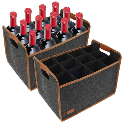 Sutowe 2Pcs Wine Bottle Carrier for 12 Bottles Divided Felt Wine Tote Bag with Handles Portable Collapsible Beer Drink Carrier Tote for Travel Party Picnic Dinner