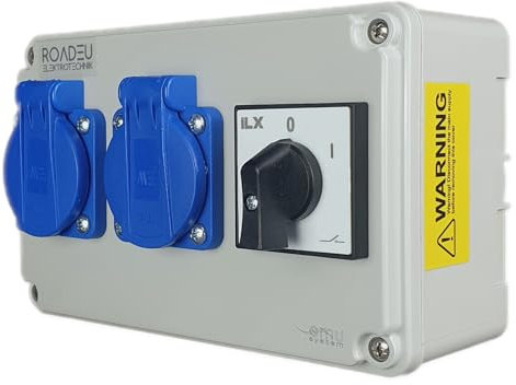 RoadEu - Steckdosenverteiler 230V - 2x Schuko Steckdose mit Schalter - Doppelsteckdose 230V mit Hauptschalter 0-1. Aufputzsteckdose IP44. Außensteckdose 2x 230V Schuko für Indoor/Outdoor-Bereich