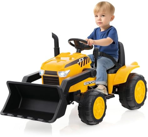 DREAMADE 12V Elektro Sitzbagger mit Verstellbarer Schaufel, Bagger zum draufsitzen mit Fernbedienung, Kinderbagger mit Sanftanlauf, Musik, Hupen, Scheinwerfer, USB, für Kinder 3-8 Jahren, Gelb